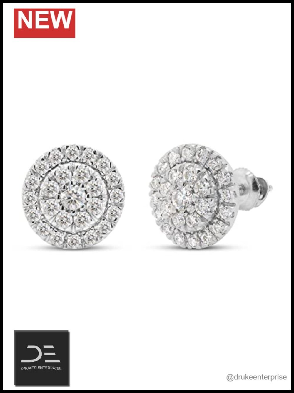 14K White Gold Over Sterling Silver Moissanite Halo Stud Earrings Screwback